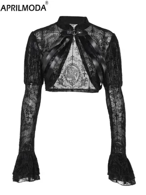 2024 Lace Gothic Black Short Steampunk Crop Jacket – Vintage PU Leather Bolero with Long Flare Sleeves for Women’s Party Cosplay