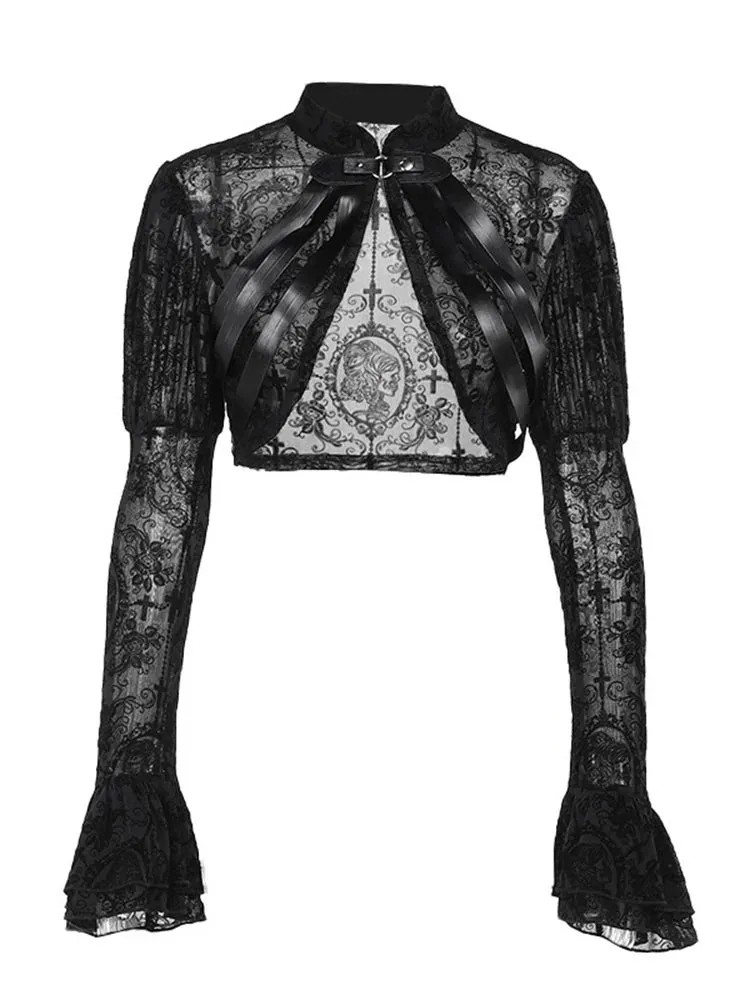 2024 Lace Gothic Black Short Steampunk Crop Jacket – Vintage PU Leather Bolero with Long Flare Sleeves for Women’s Party Cosplay