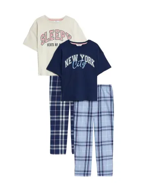 2pk Pure Cotton Slogan Checked Pyjamas