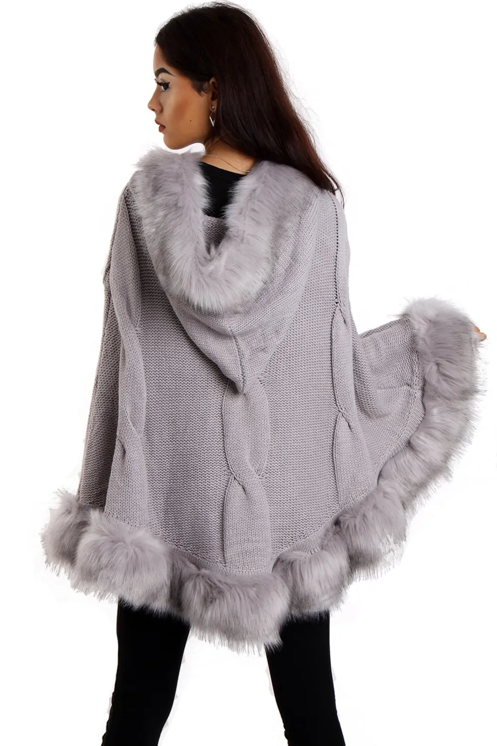 Cable Knitted Hooded Fur Trim Poncho Cape