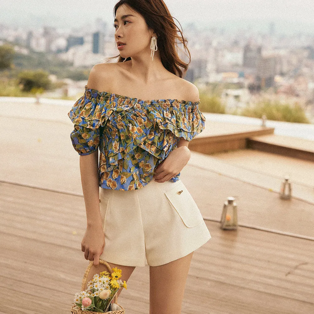 Casual Ruffle Short Floral Print Blouse Top