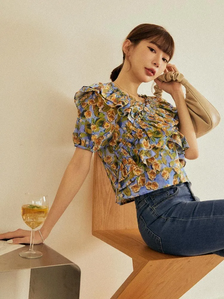 Casual Ruffle Short Floral Print Blouse Top