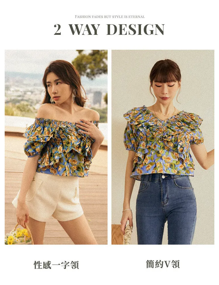 Casual Ruffle Short Floral Print Blouse Top