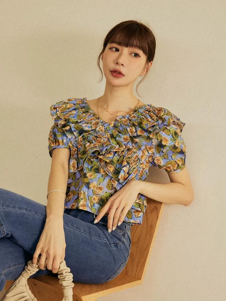 Casual Ruffle Short Floral Print Blouse Top