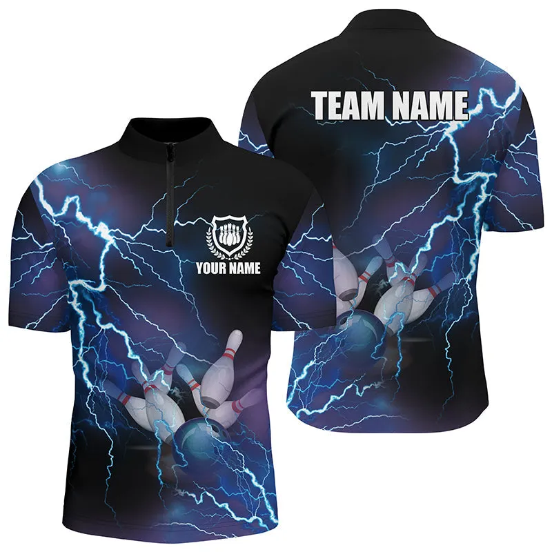 Custom Blue Thunder Lightning Bowling Quarter Zip Shirts For Men Bowling Jerseys Team Shirts