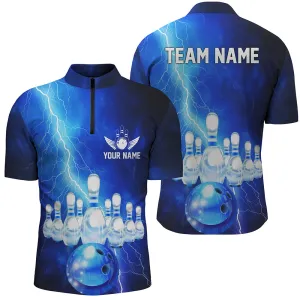 Custom Blue Thunder Lightning Bowling Quarter Zip Shirts For Men Bowling Jerseys Team Shirts