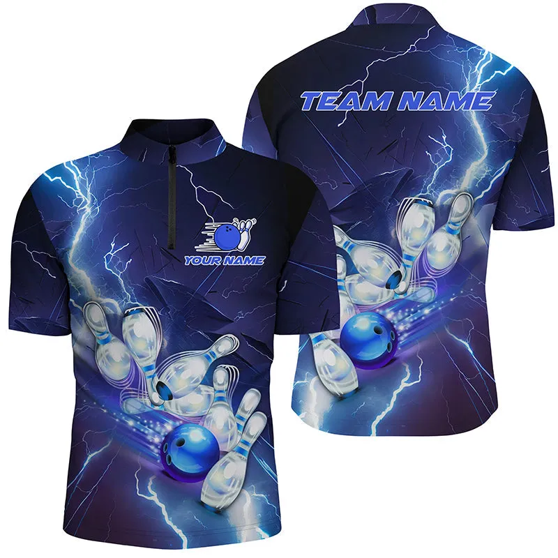 Custom Blue Thunder Lightning Bowling Quarter Zip Shirts For Men Bowling Jerseys Team Shirts