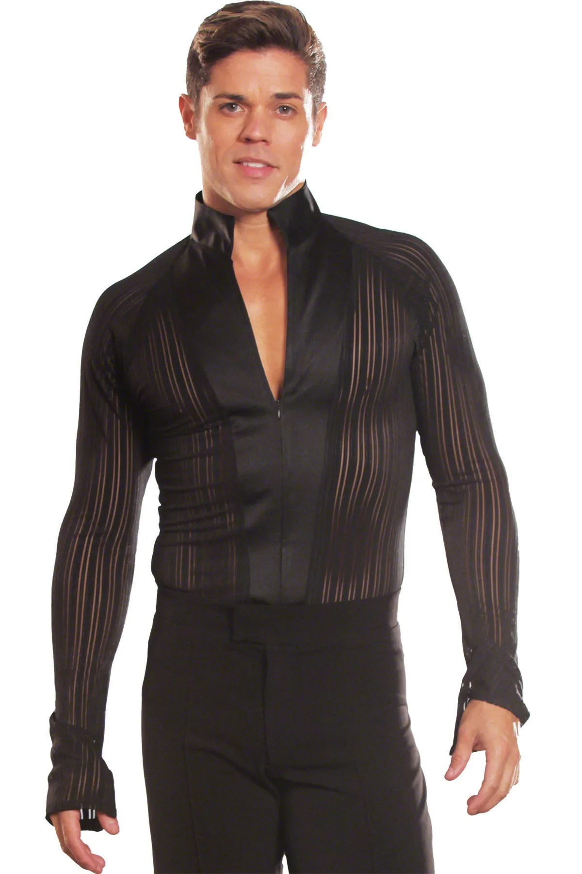 Dance America MS7 Men's Mandarin Collared Latin Shirt with Zipper Closure and Trunks in Stock