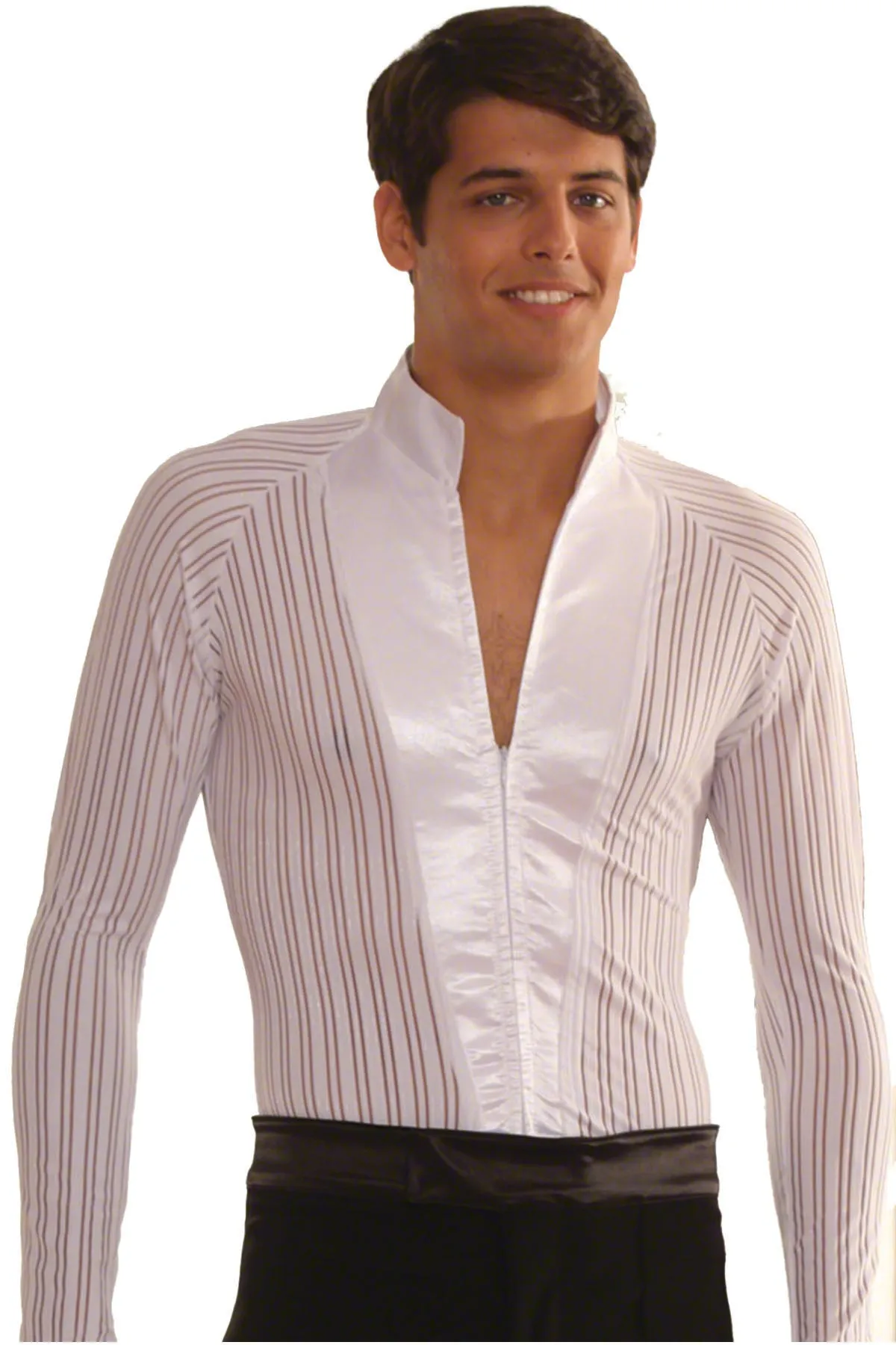 Dance America MS7 Men's Mandarin Collared Latin Shirt with Zipper Closure and Trunks in Stock