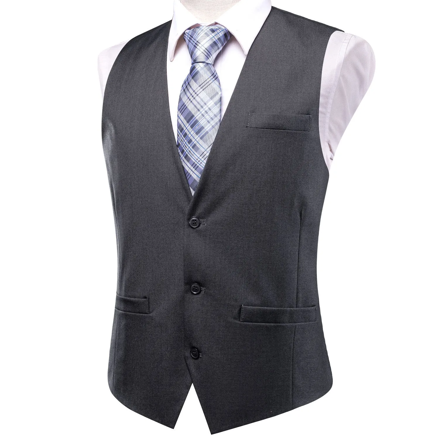 Dark Grey Solid Silk Men's Single Vest Waistcoat