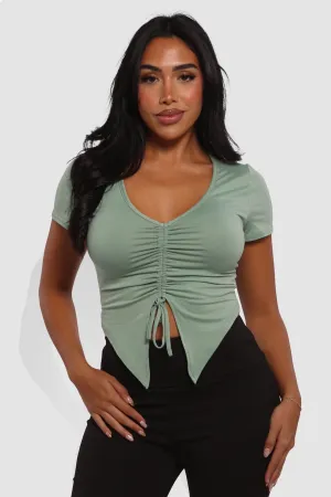 Drawstring Ruched Front V-Neck Crop Tops - Sage