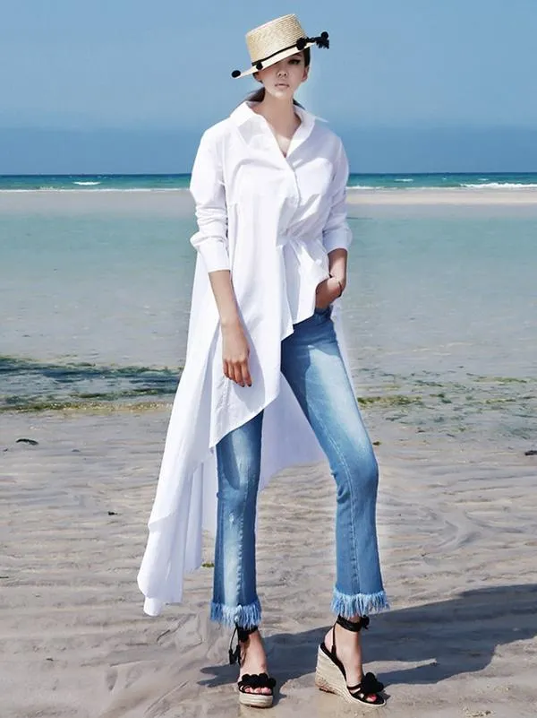 Fancy White Asymmetric Shirt Dress