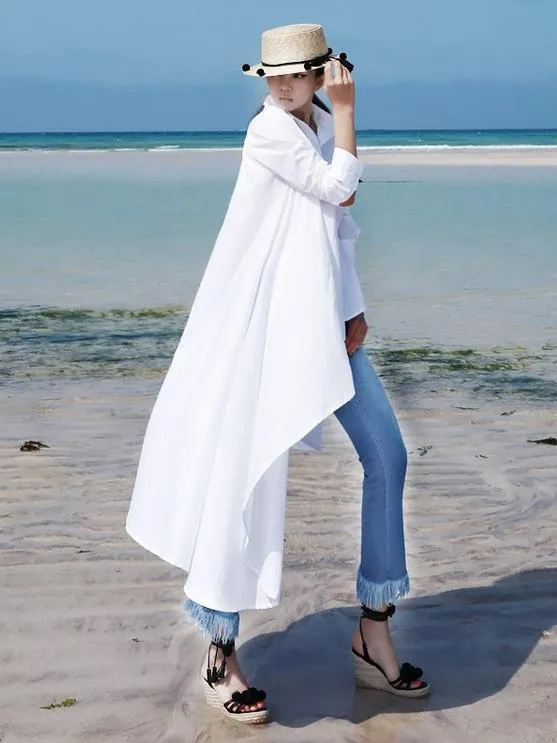 Fancy White Asymmetric Shirt Dress