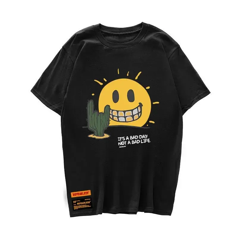 Funny Smile Sun Cactus Print Short Sleeve Tshirts Hip Hop Casual Streetwear T Shirts Tees Hipster Mens Harajuku Tops