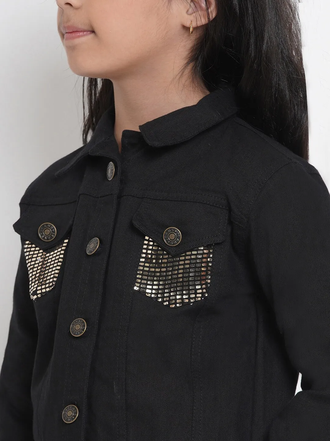 Girl's Black Denim Solid Jacket Top  - NOZ2TOZ KIDS