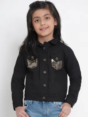 Girl's Black Denim Solid Jacket Top  - NOZ2TOZ KIDS