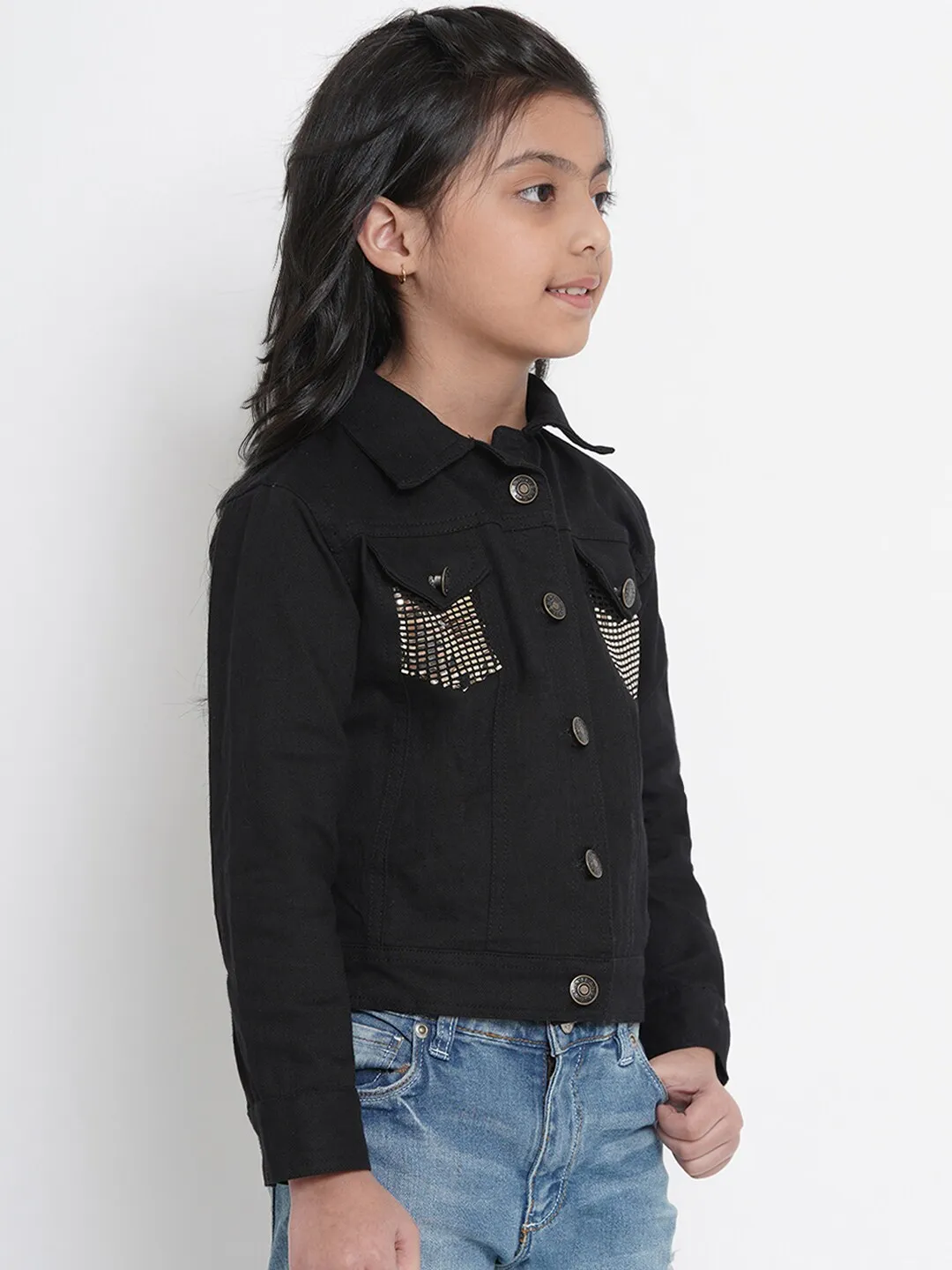 Girl's Black Denim Solid Jacket Top  - NOZ2TOZ KIDS