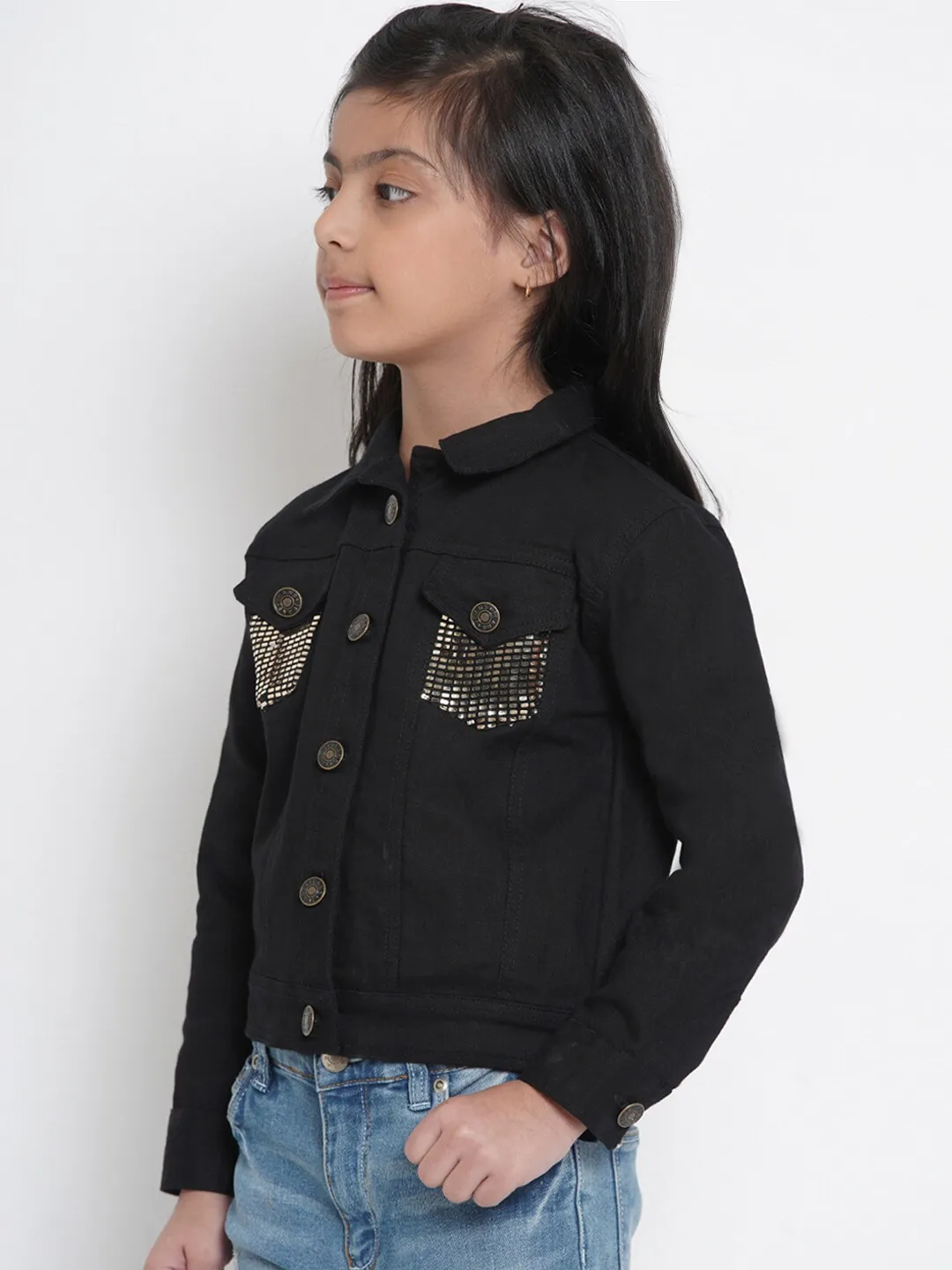 Girl's Black Denim Solid Jacket Top  - NOZ2TOZ KIDS