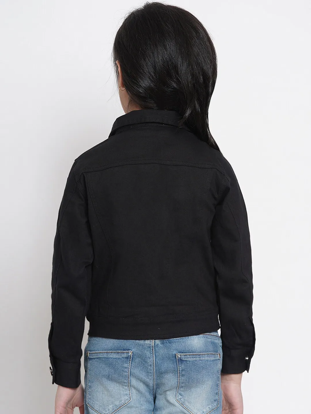 Girl's Black Denim Solid Jacket Top  - NOZ2TOZ KIDS