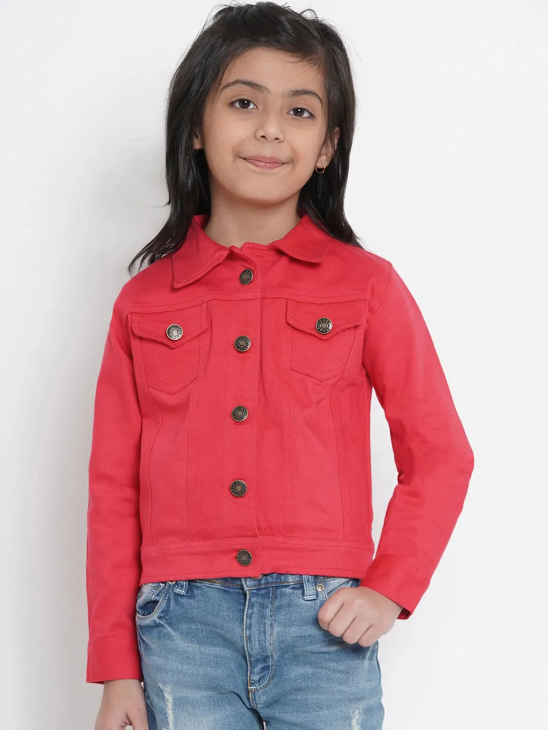 Girl's Coral Red Solid Jacket Top  - NOZ2TOZ KIDS