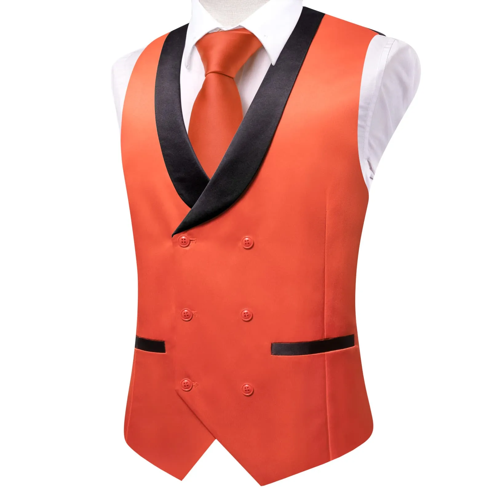 Hi-Tie Men Vest Red Orange Double Breasted Black Shawl Lapel Waistcoat