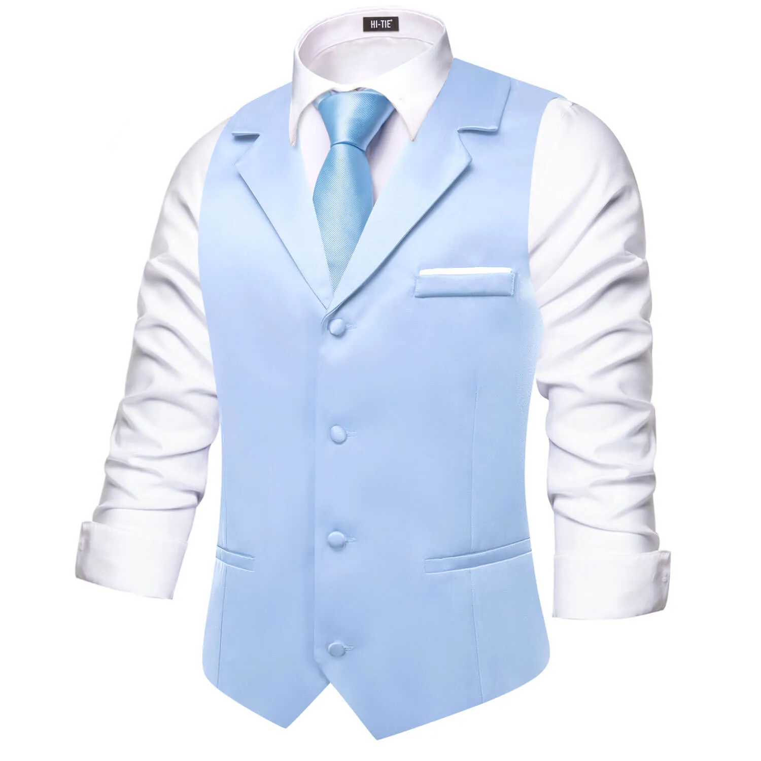 Hi-Tie Sky Blue Waistcoat Solid Notch lapels Men's Vest