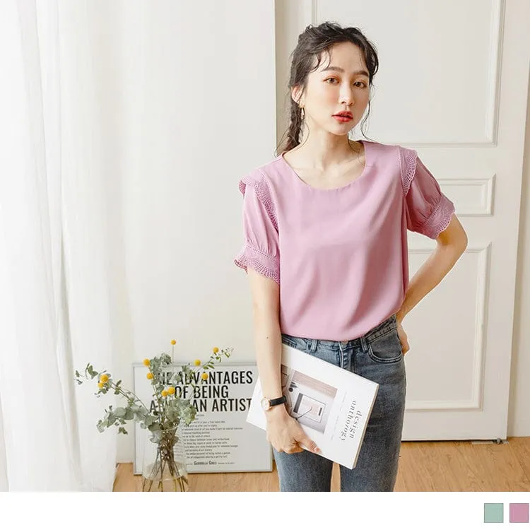 LACE PATCHED PUFF SLEEVE CHIFFON SHORT SLEEVE TOPS