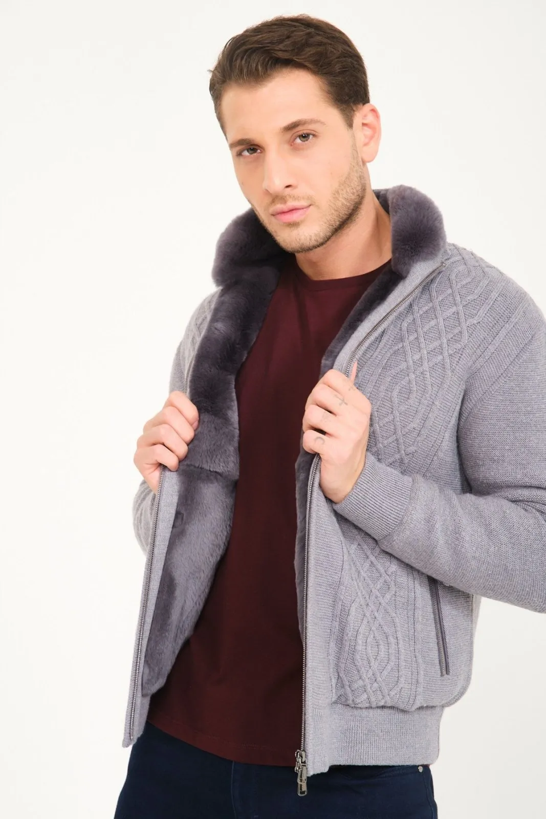 Light Grey Wool & Rex Fur Knit Cardigan