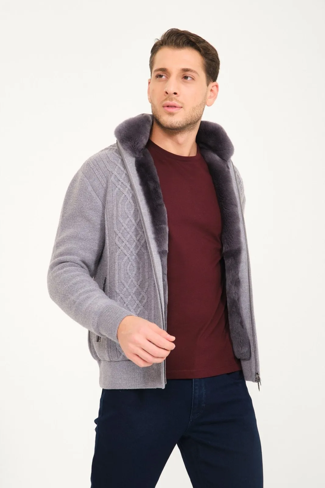 Light Grey Wool & Rex Fur Knit Cardigan