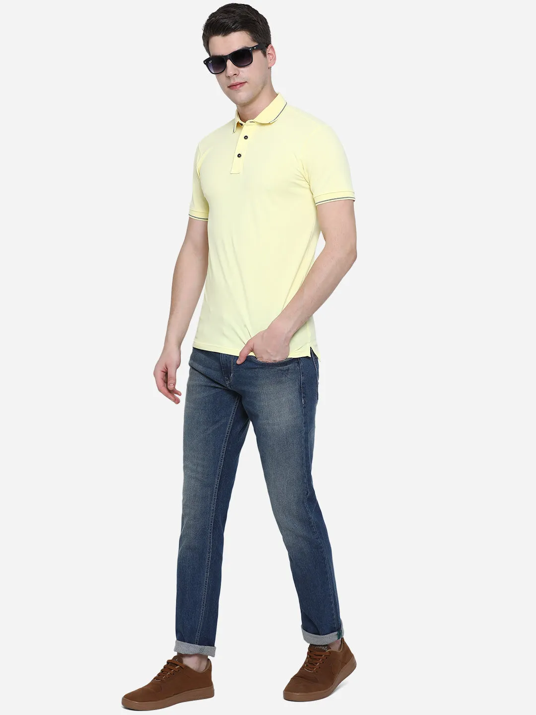 Light Yellow Solid Slim Fit Polo T-Shirt | JadeBlue