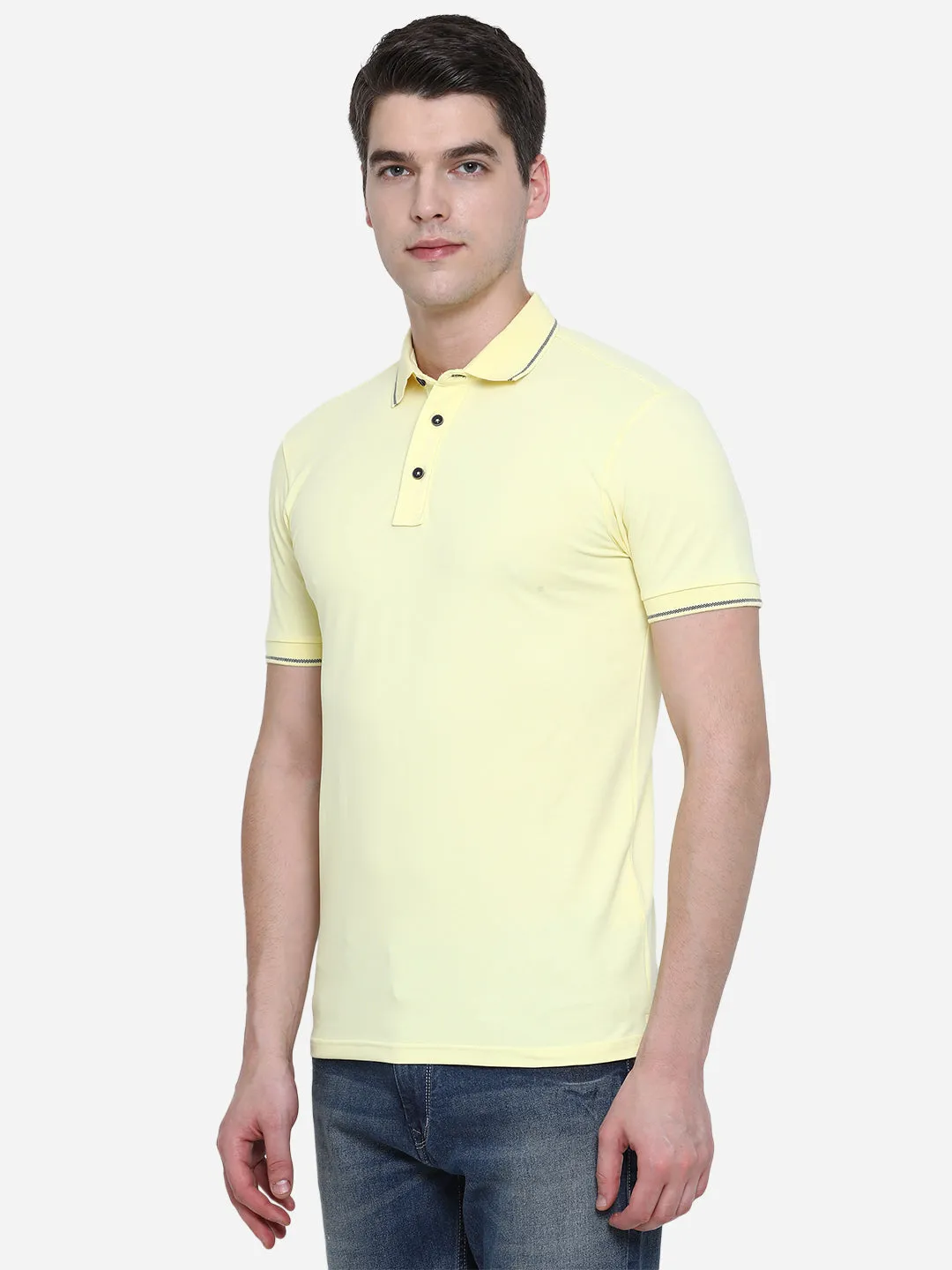 Light Yellow Solid Slim Fit Polo T-Shirt | JadeBlue