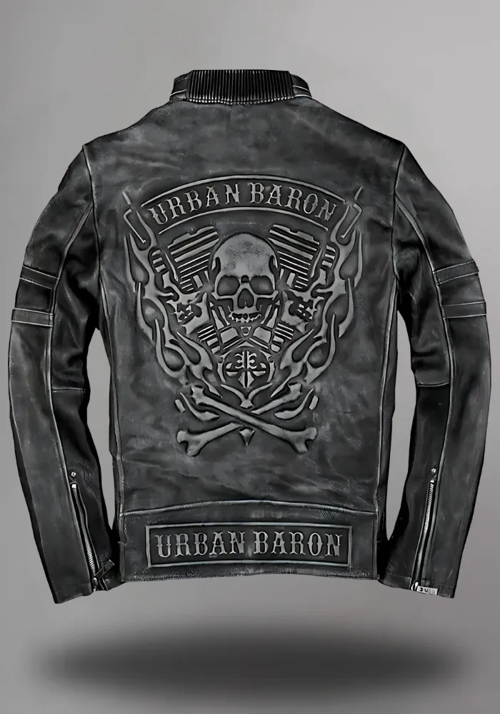 Men’s Black Classic Diamond Biker Leather Jacket With Skull