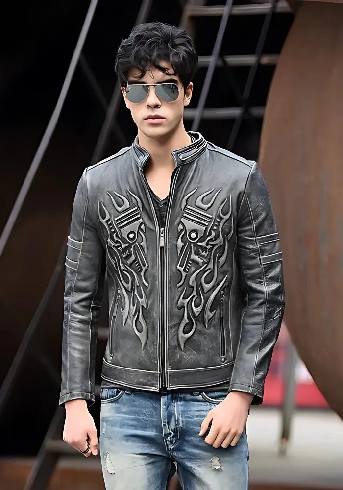 Men’s Black Classic Diamond Biker Leather Jacket With Skull