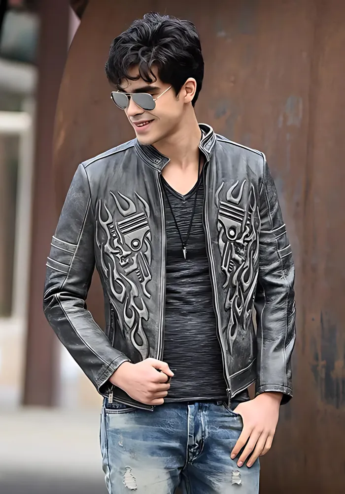 Men’s Black Classic Diamond Biker Leather Jacket With Skull