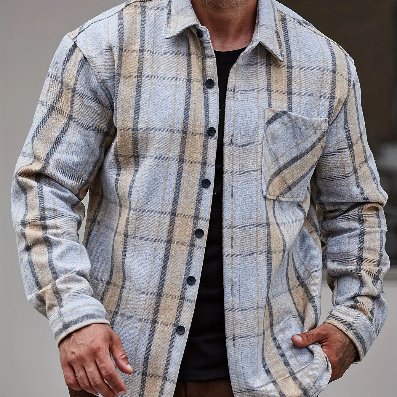 Men's Flannel Plaid Lapel Button Short Pocketed Shirts Coats