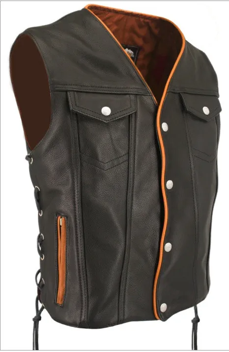 Men's Made in USA Naked Leather Motorcycle Vest Orange Trim Leather Lined Gun Pockets