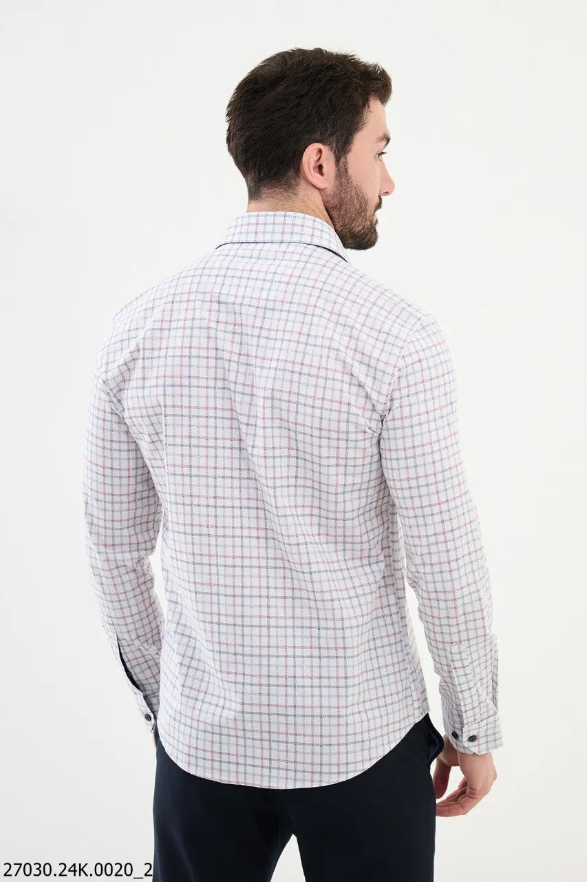 Men's White Checkered Shirt with Red and Navy Lines.