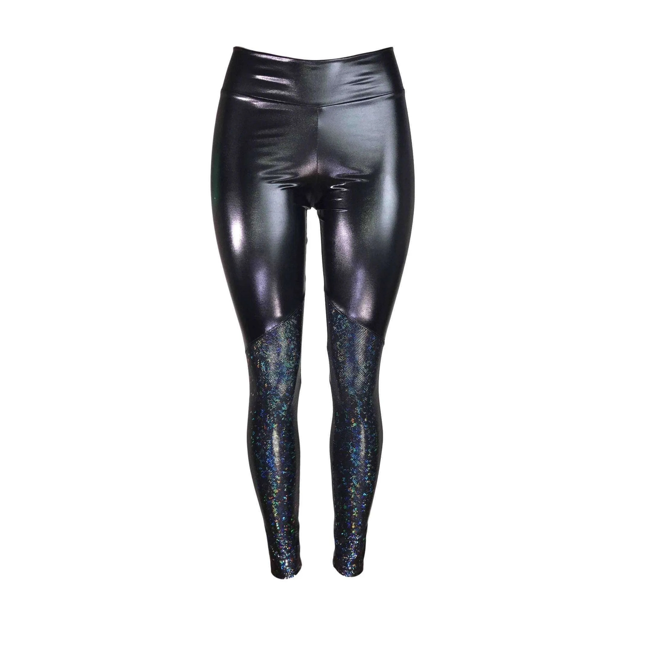 Metallic Black and Shattered Glass Mid-Rise Leggings Pants