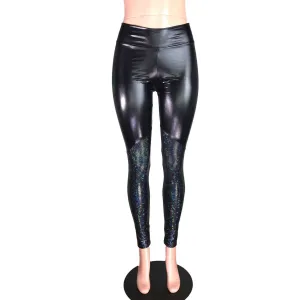 Metallic Black and Shattered Glass Mid-Rise Leggings Pants