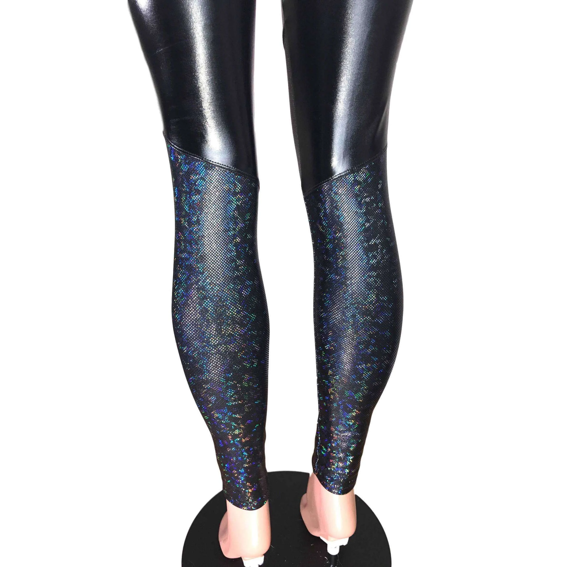 Metallic Black and Shattered Glass Mid-Rise Leggings Pants