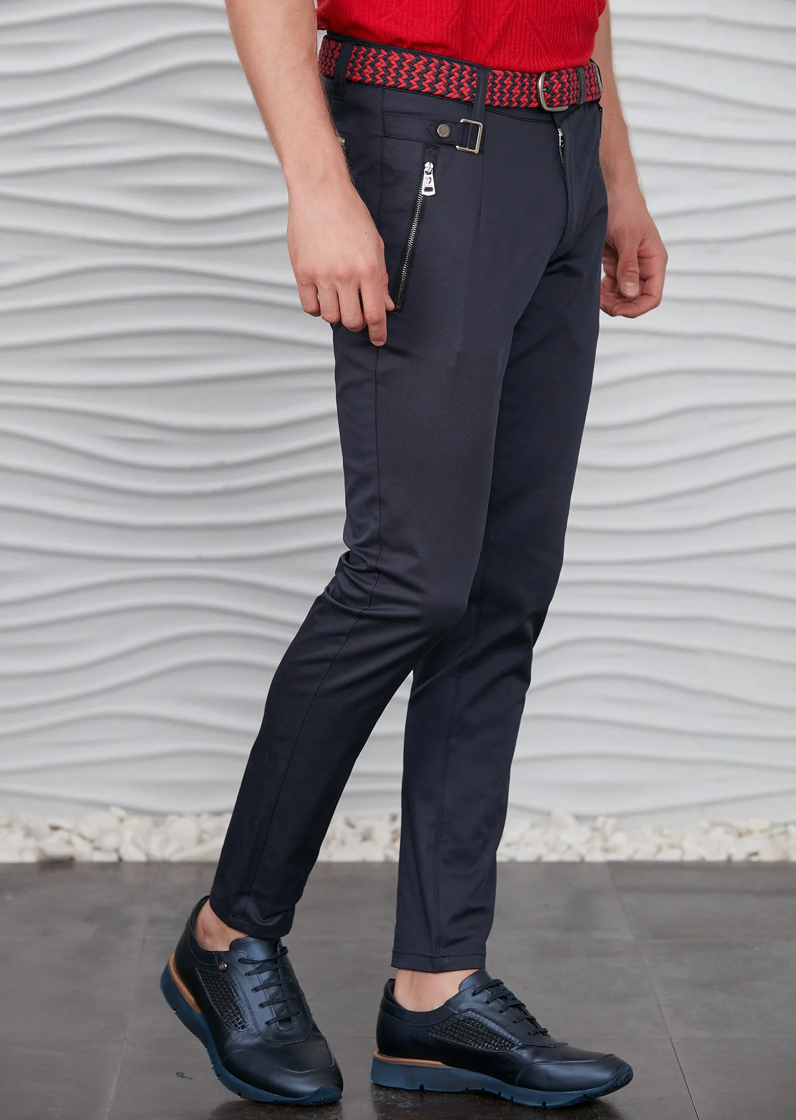 Navy Silver Buckle Zipper Pants