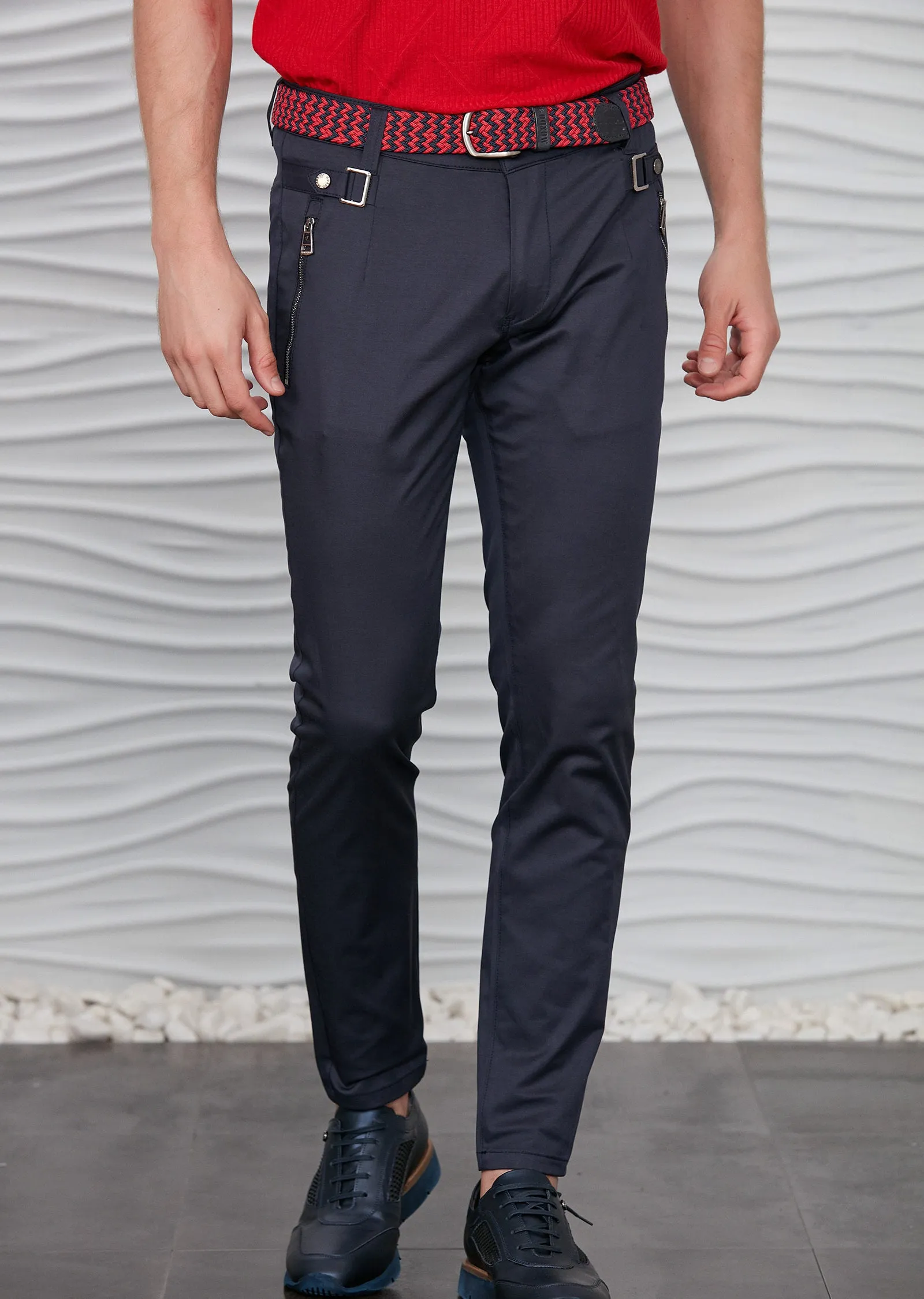 Navy Silver Buckle Zipper Pants