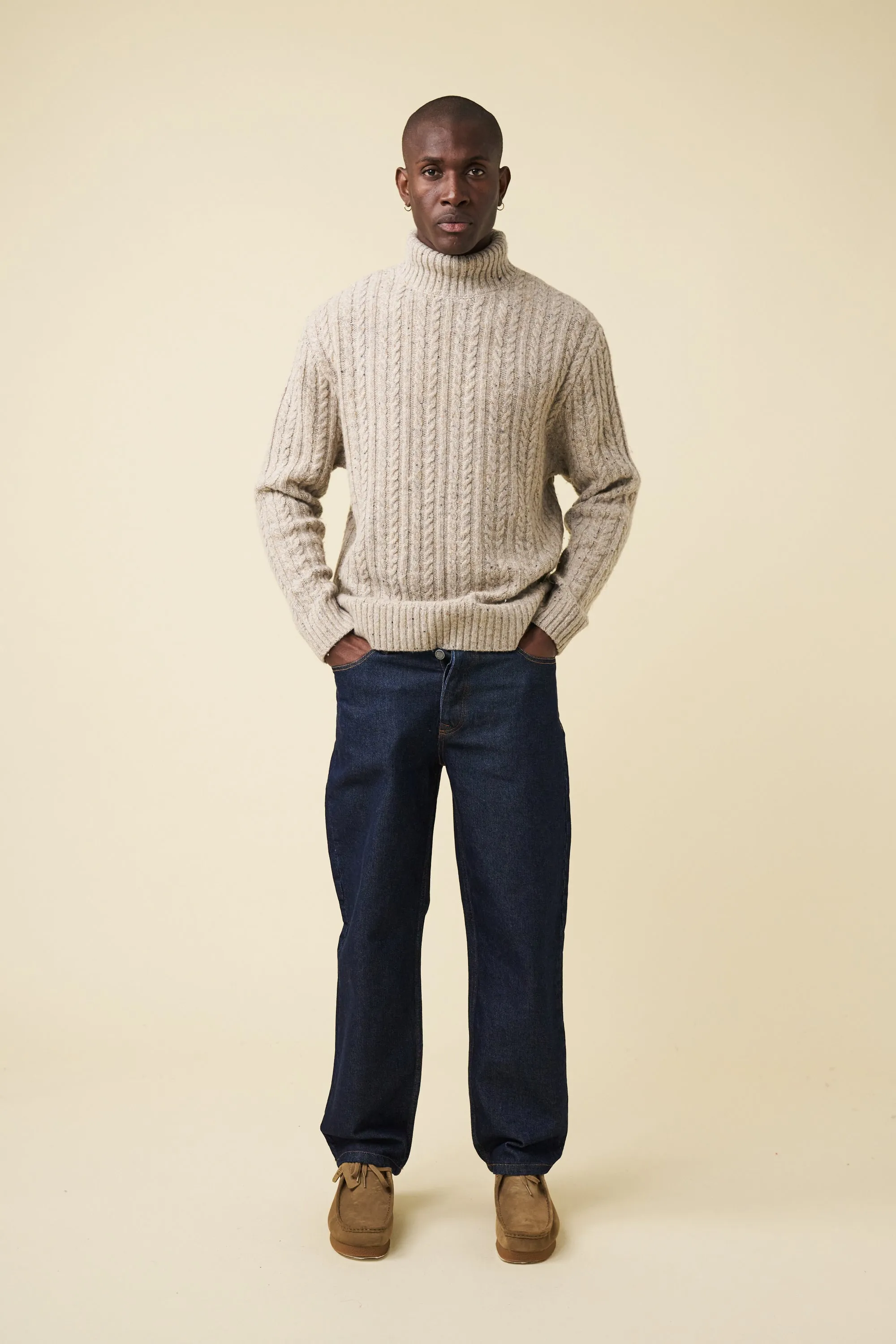 OATMEAL CABLE KNIT ROLL NECK