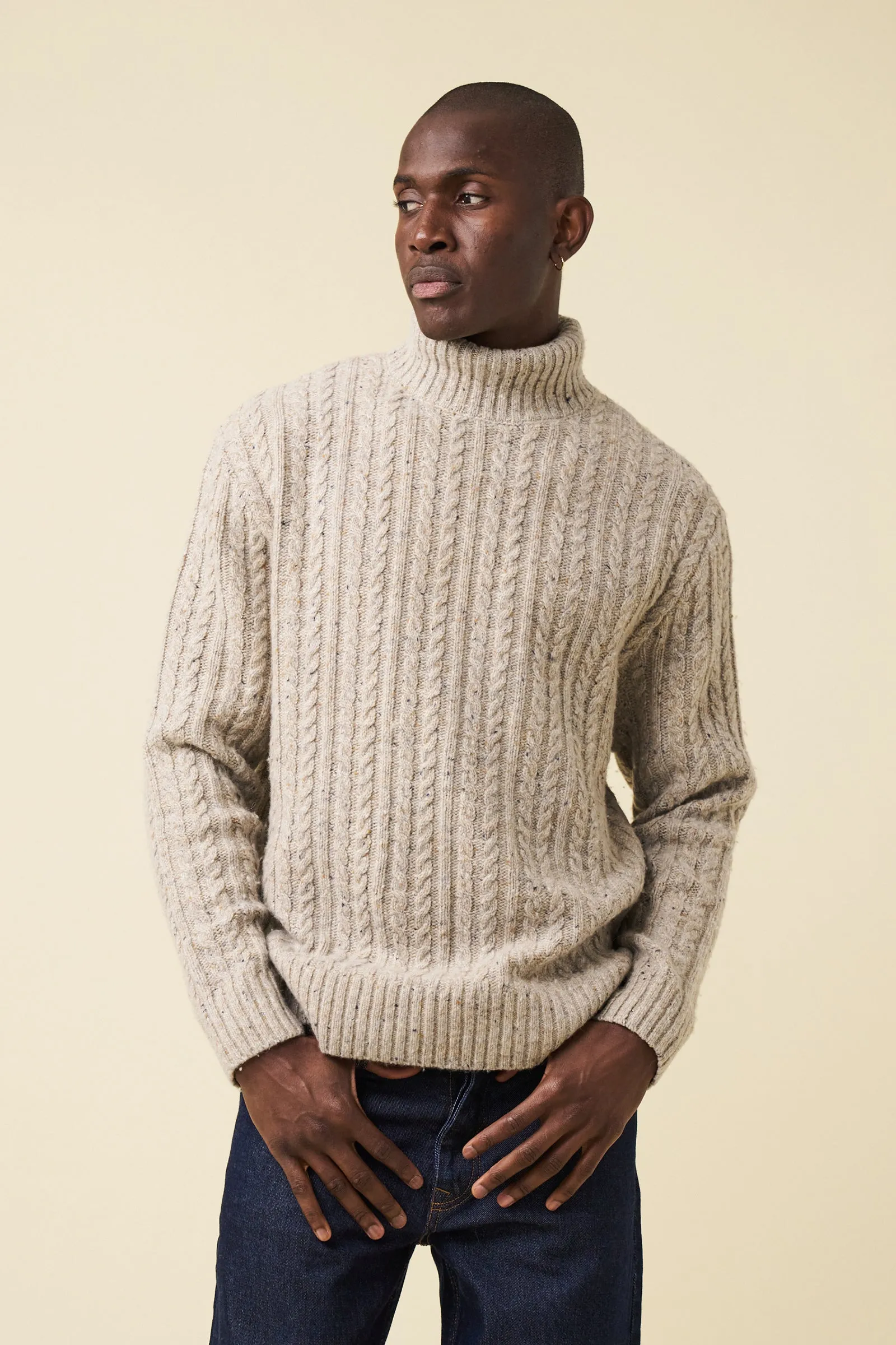 OATMEAL CABLE KNIT ROLL NECK