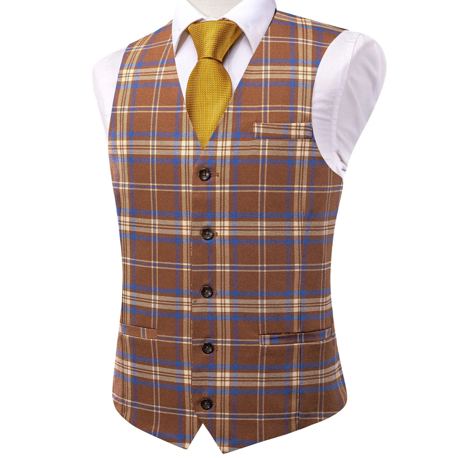 Orange Brown Yellow Plaid Silk Men's Single Vest Waistcoat