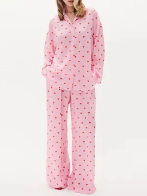 Print Long Sleeve V Neck Casual Button Down Pants Heart Pajamas