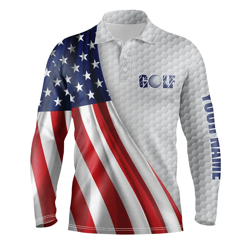 Red, White, And Blue American Flag Men Golf Long Sleeve Polo Shirts Custom Patriotic Golf Performance Shirts