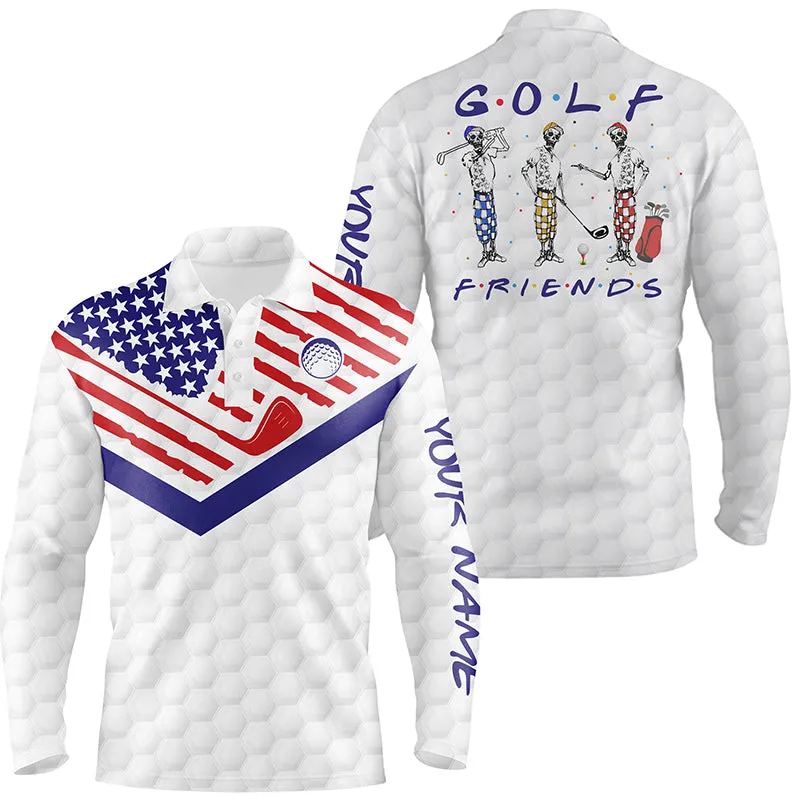 Red, White, And Blue American Flag Men Golf Long Sleeve Polo Shirts Custom Patriotic Golf Performance Shirts