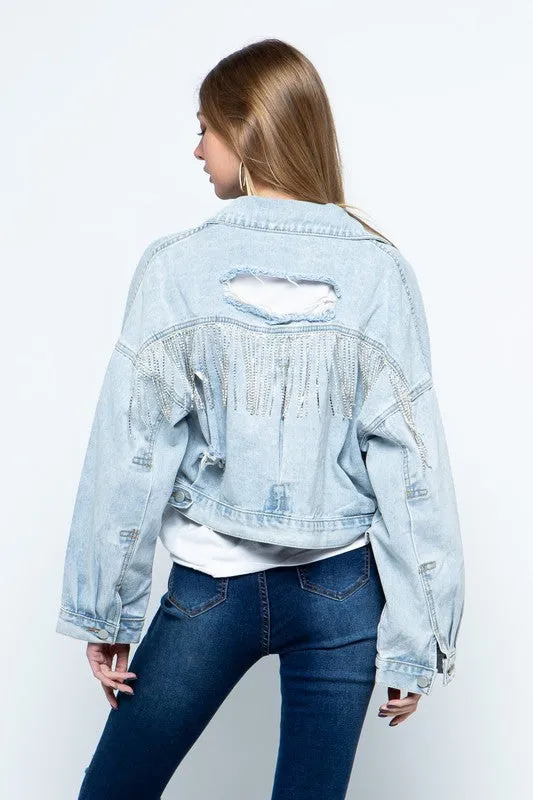 RHINESTONE FRINGE DISTRESSED DENIM JACKET