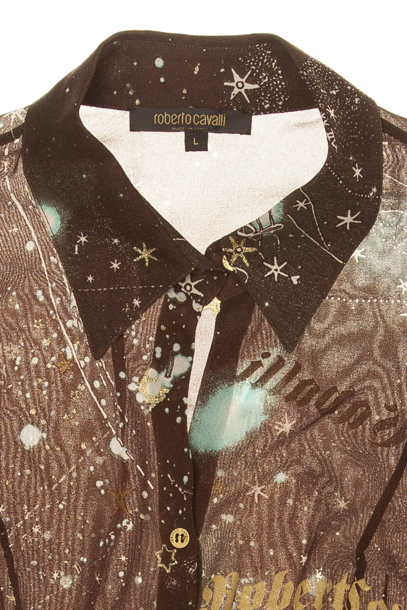 Robert Cavalli - Chocolate Brown and Aqua Constellation Blouse - L